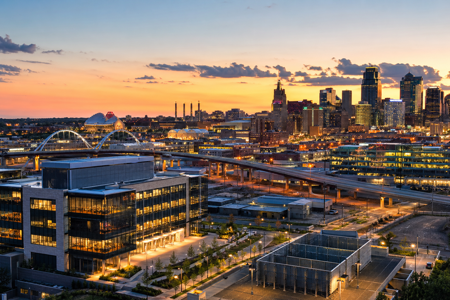 Modern commercial infrastructure and development corridor at dusk